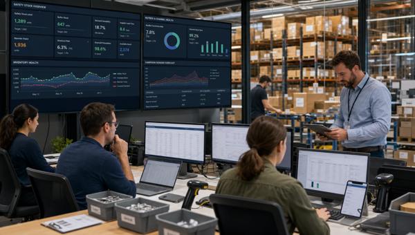 Emniyet stoğu dashboardunu inceleyen e-ticaret envanter ekibi