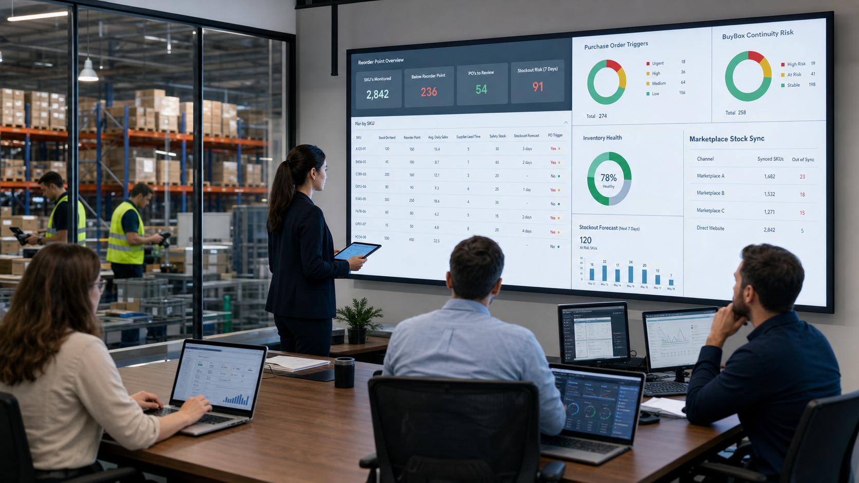 Yeniden sipariş noktası dashboardunu inceleyen e-ticaret envanter ekibi