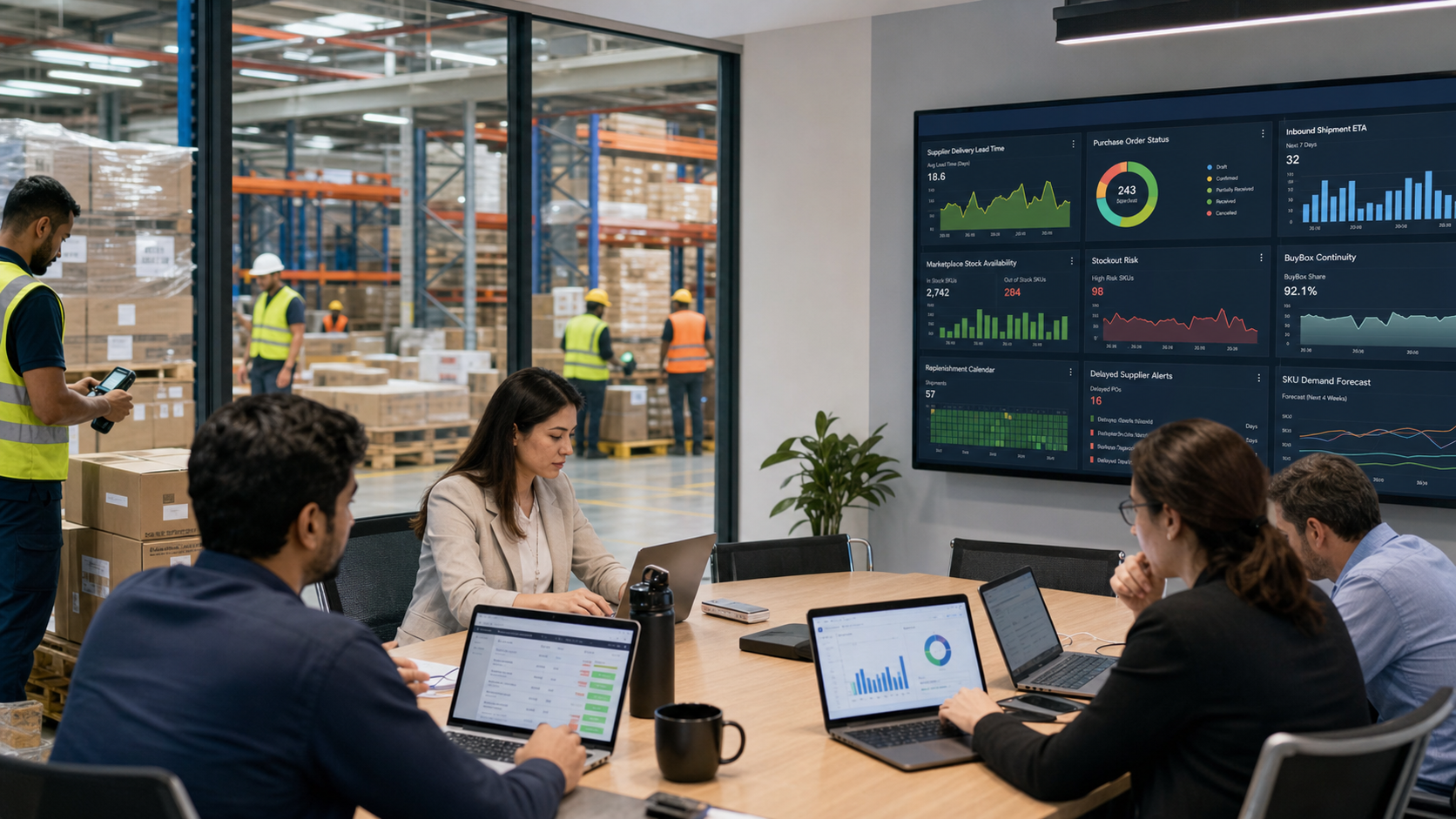 Tedarik süresi ve stok riski dashboardunu inceleyen e-ticaret operasyon ekibi