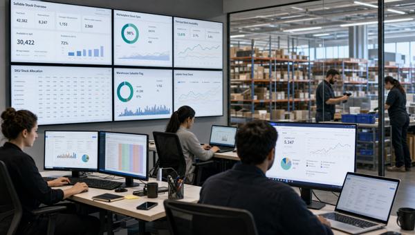 Satılabilir stok ve kanal senkronizasyon dashboardunu inceleyen e-ticaret operasyon ekibi