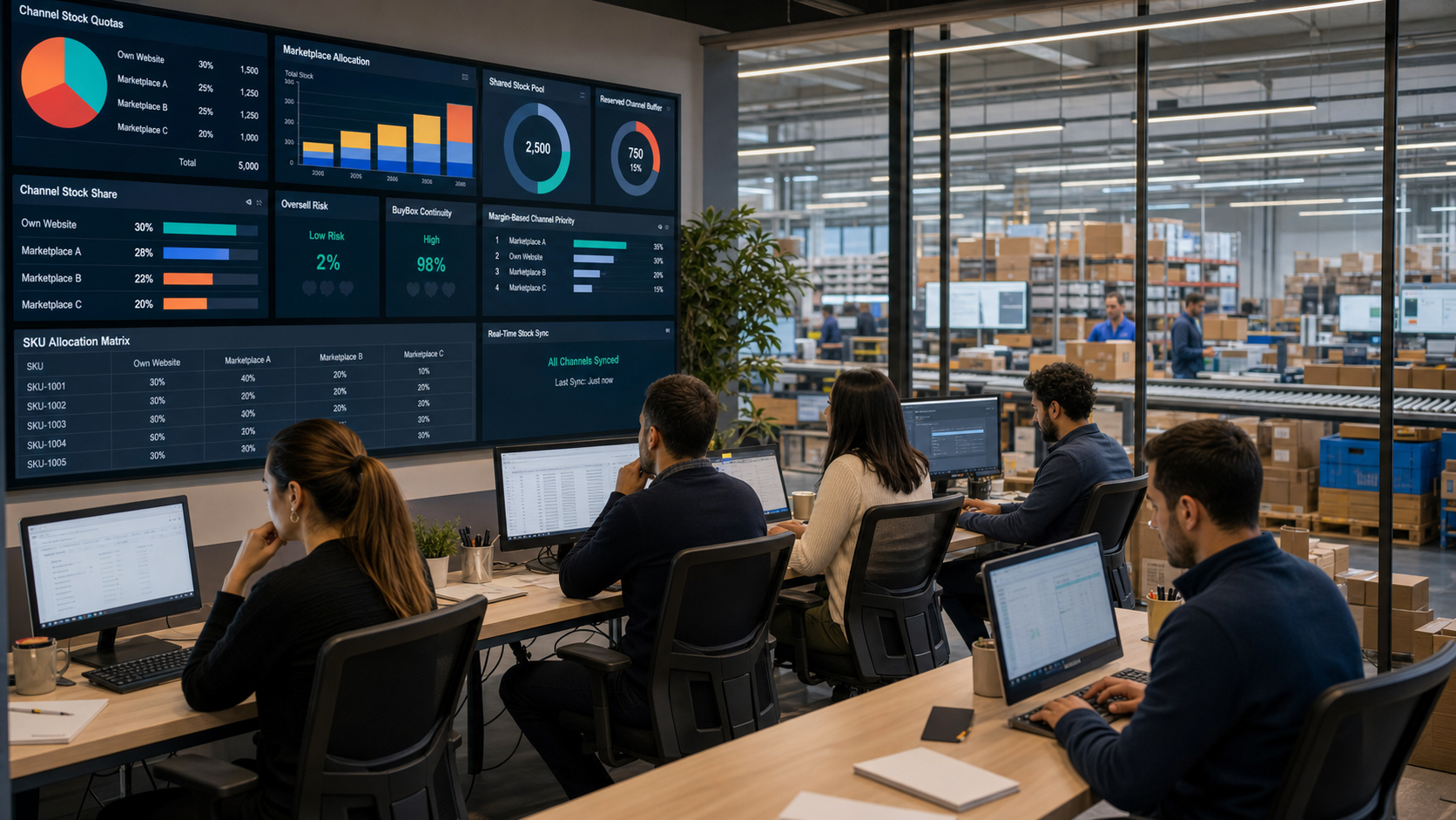 Stok tahsis kuralı ve kanal stok kotası dashboardunu inceleyen e-ticaret operasyon ekibi