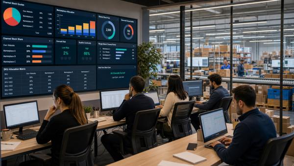 Stok tahsis kuralı ve kanal stok kotası dashboardunu inceleyen e-ticaret operasyon ekibi