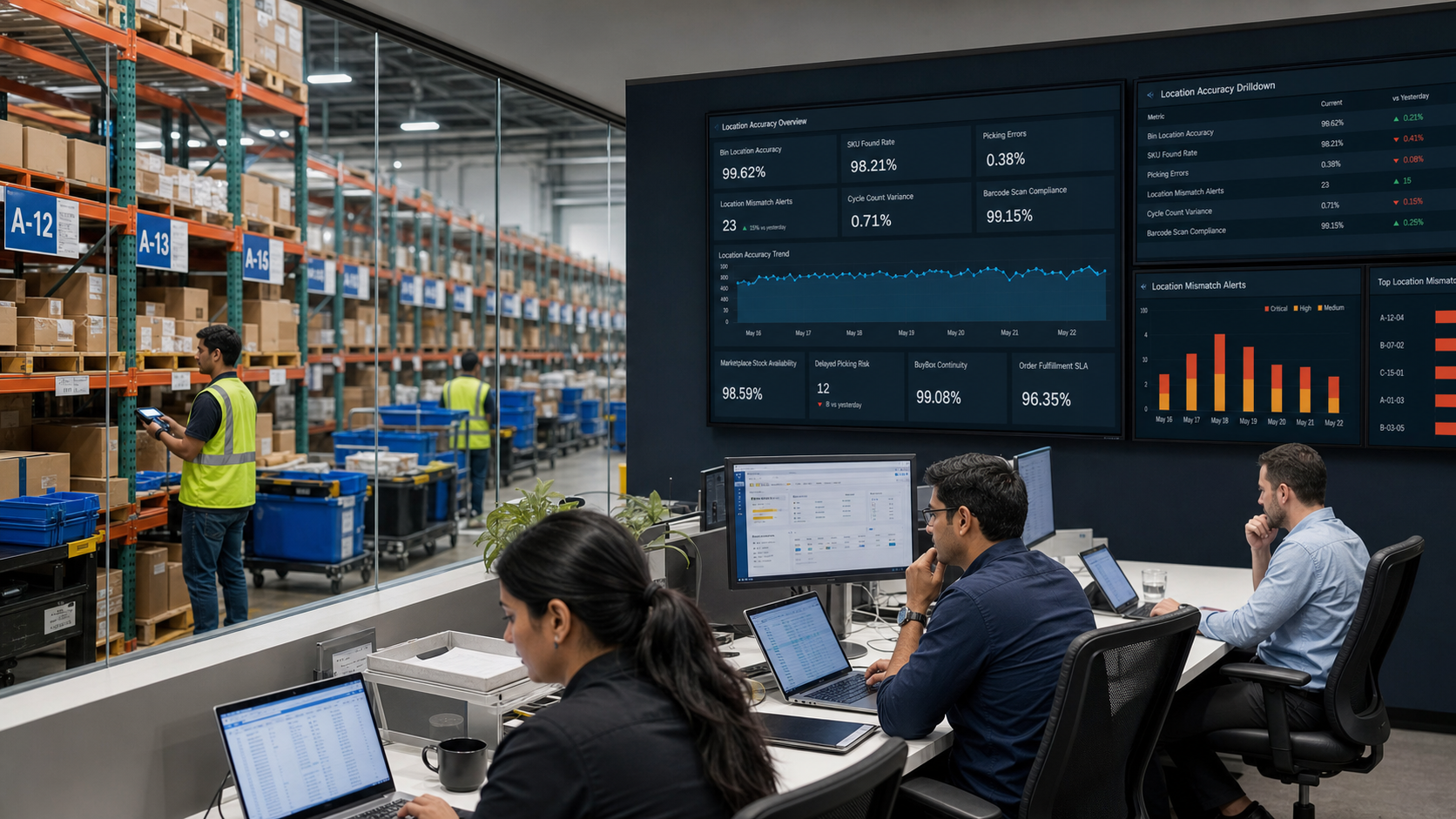 Depo lokasyon doğruluğu dashboardunu inceleyen e-ticaret operasyon ekibi