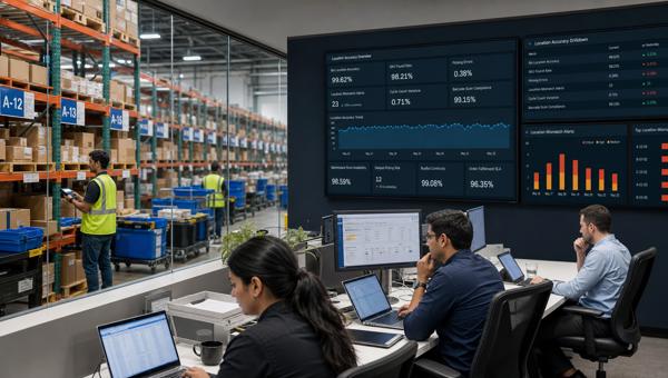 Depo lokasyon doğruluğu dashboardunu inceleyen e-ticaret operasyon ekibi