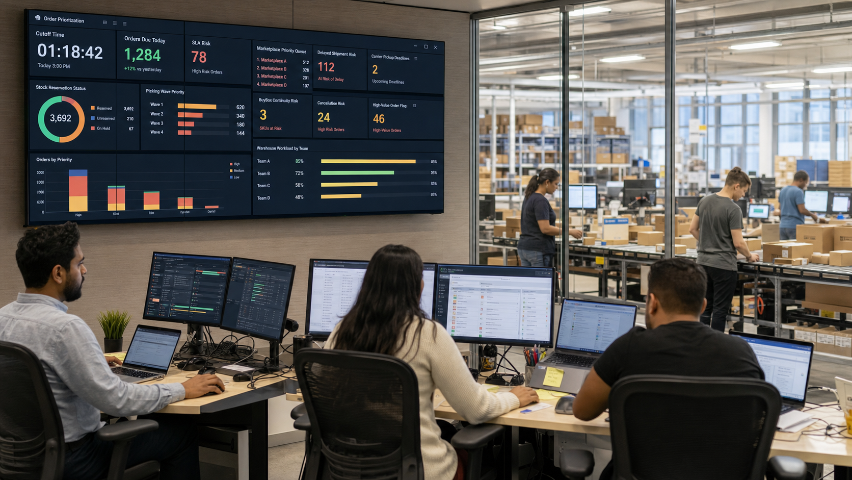 Sipariş önceliklendirme ve SLA risk dashboardunu inceleyen e-ticaret operasyon ekibi