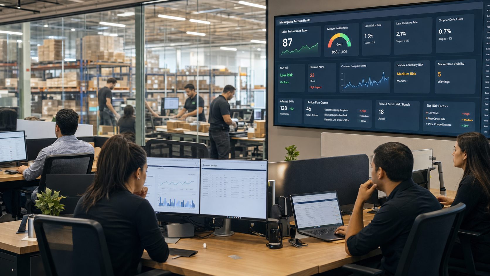 Pazaryeri hesap sağlığı dashboardunu inceleyen e-ticaret operasyon ekibi