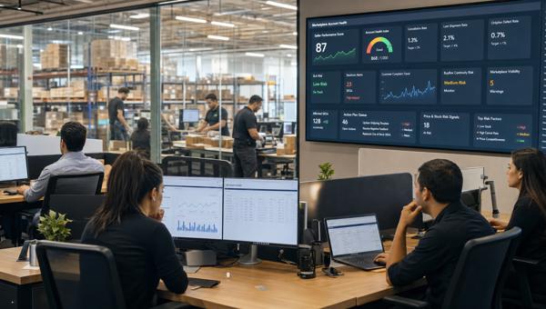 Pazaryeri hesap sağlığı dashboardunu inceleyen e-ticaret operasyon ekibi