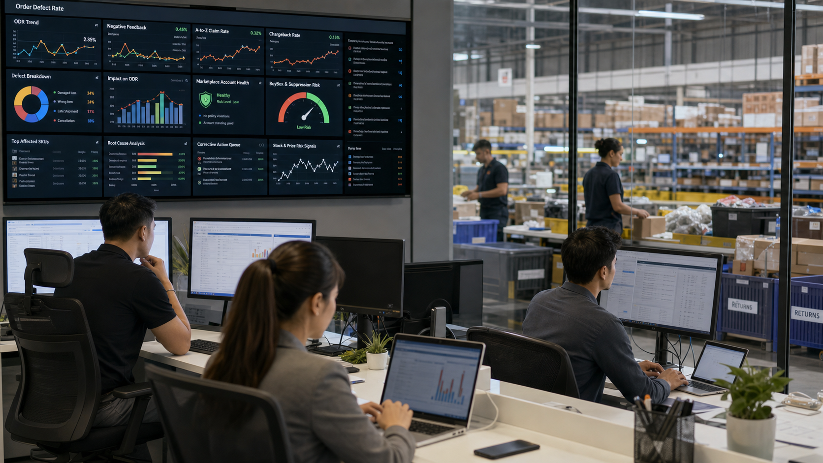 Sipariş kusur oranı ve pazaryeri kalite dashboardunu inceleyen e-ticaret operasyon ekibi