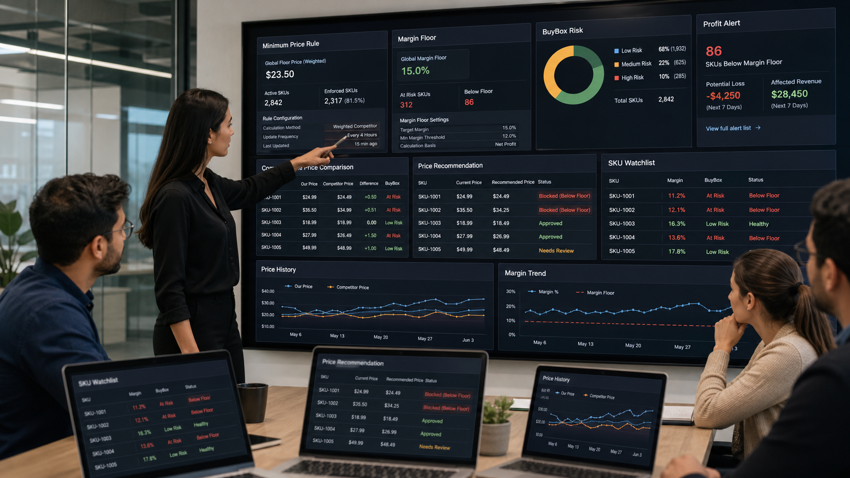 Minimum fiyat kuralı ve marj tabanı dashboardunu inceleyen e-ticaret ekibi