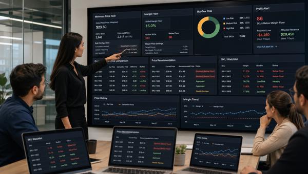 Minimum fiyat kuralı ve marj tabanı dashboardunu inceleyen e-ticaret ekibi