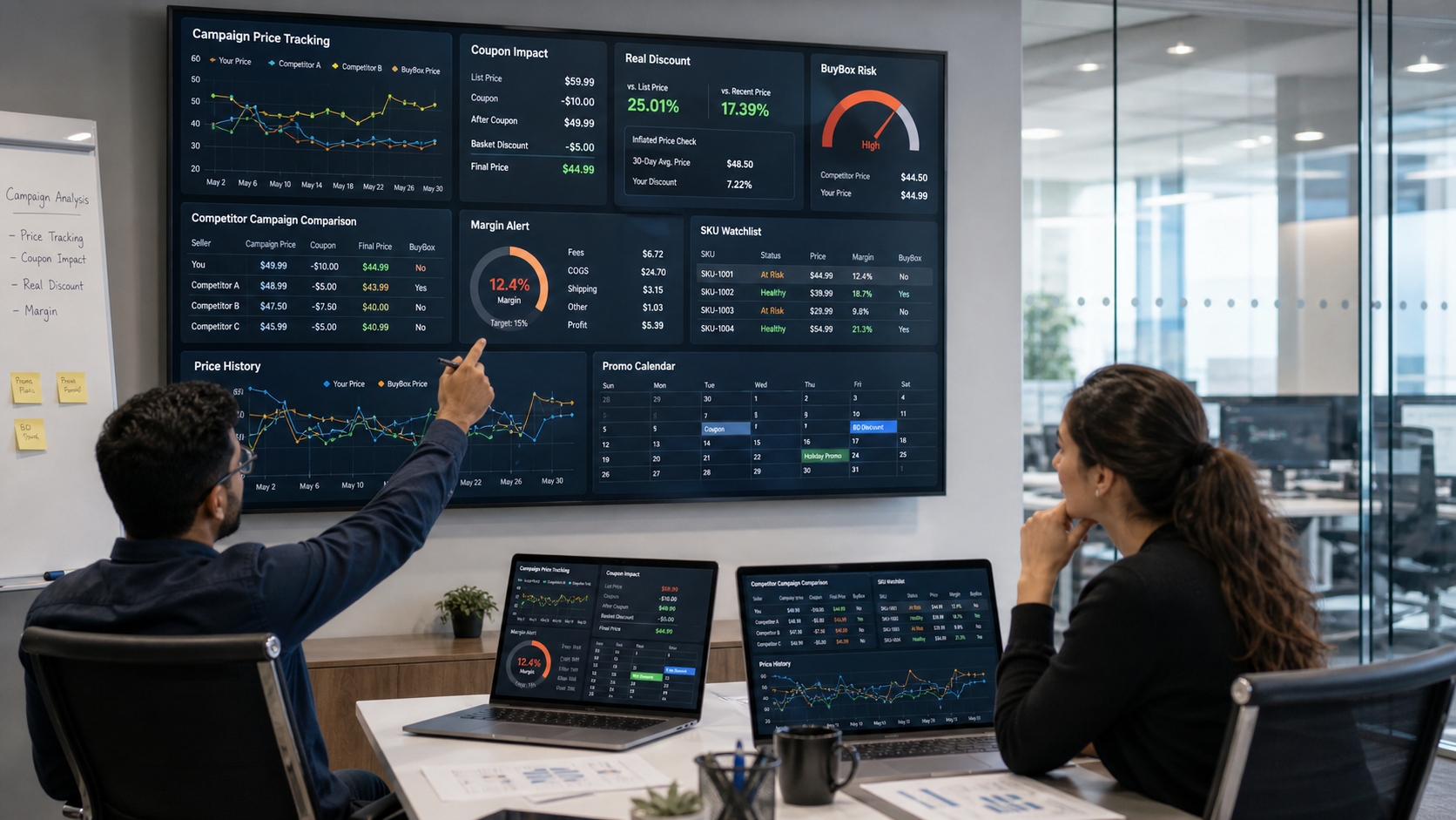 Kampanya fiyat takibi ve kupon etkisi dashboardunu inceleyen e-ticaret ekibi