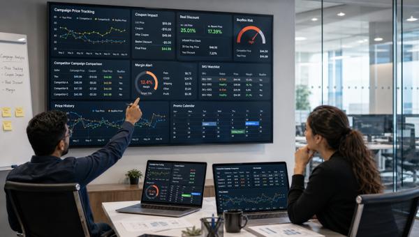 Kampanya fiyat takibi ve kupon etkisi dashboardunu inceleyen e-ticaret ekibi