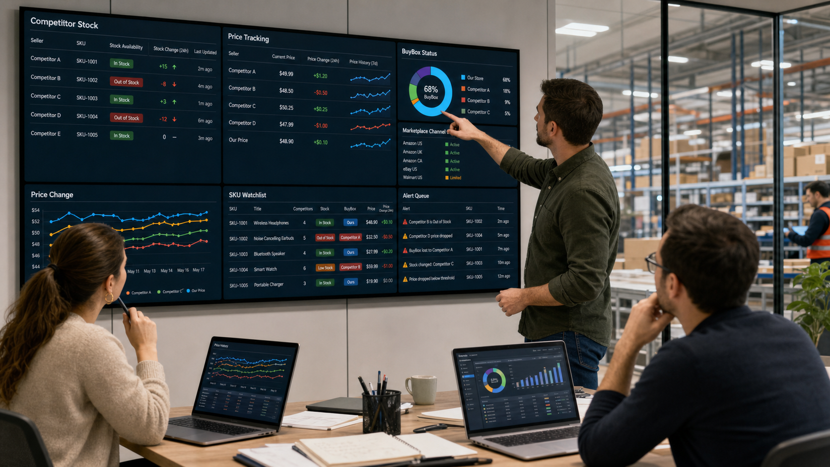Rakip stok ve fiyat takibi dashboardunu inceleyen e-ticaret ekibi