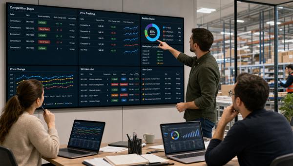 Rakip stok ve fiyat takibi dashboardunu inceleyen e-ticaret ekibi